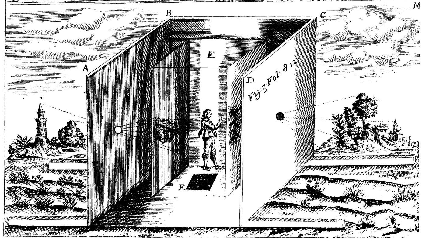Grabado de 1646 que muestra una gran cámara oscura portátil en forma de caseta, con un dibujante trabajando en su interior y las escenas exteriores proyectadas en sus paredes