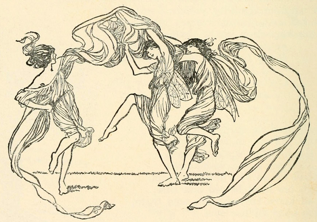 Ilustración a línea de tres hadas danzando con velos y vestidos vaporosos que forman remolinos en el aire