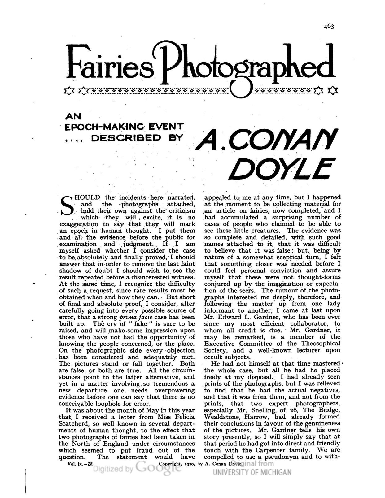 Primera página de un artículo de revista con el título Fairies Photographed, An Epoch-Making Event, Described by A. Conan Doyle, a dos columnas de texto