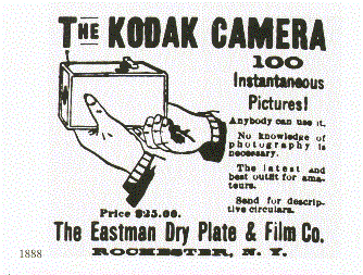 Anuncio impreso de 1888 con el título «The Kodak Camera», una mano sosteniendo la cámara y el texto «100 instantaneous pictures»