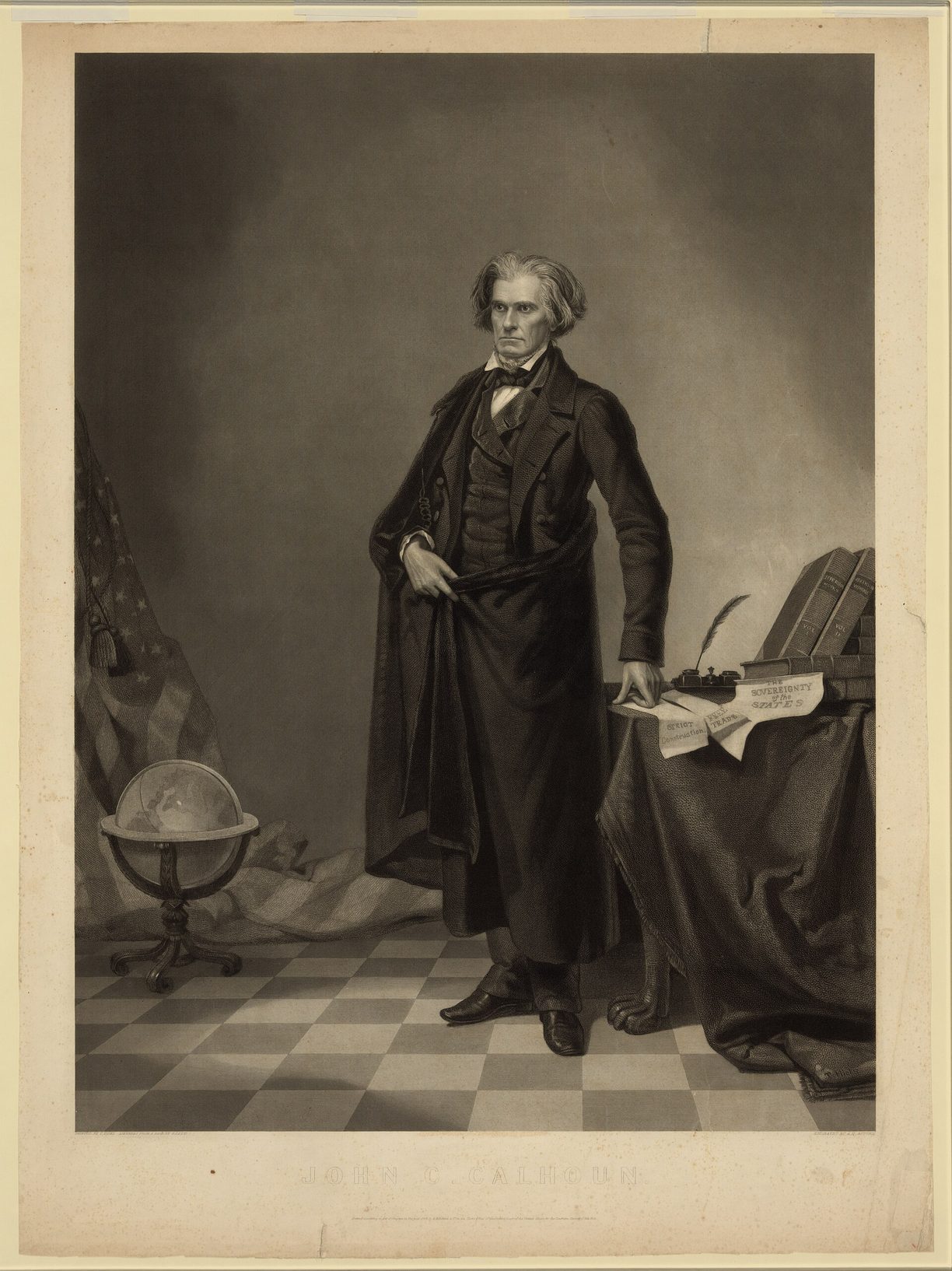 Grabado de 1852 de un hombre de pelo blanco y largo, de pie con levita junto a una mesa con libros y papeles, un globo terráqueo y una bandera