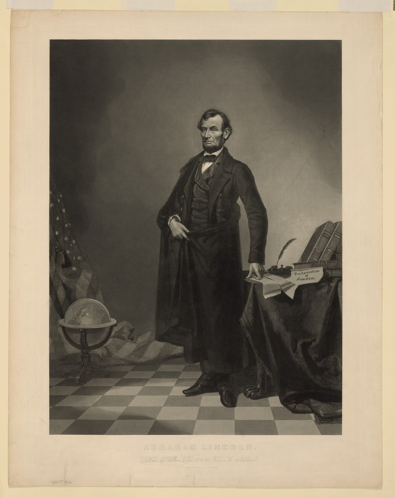 Grabado casi idéntico al anterior, con la misma postura, mesa, globo y bandera, pero con la cabeza de Abraham Lincoln con barba