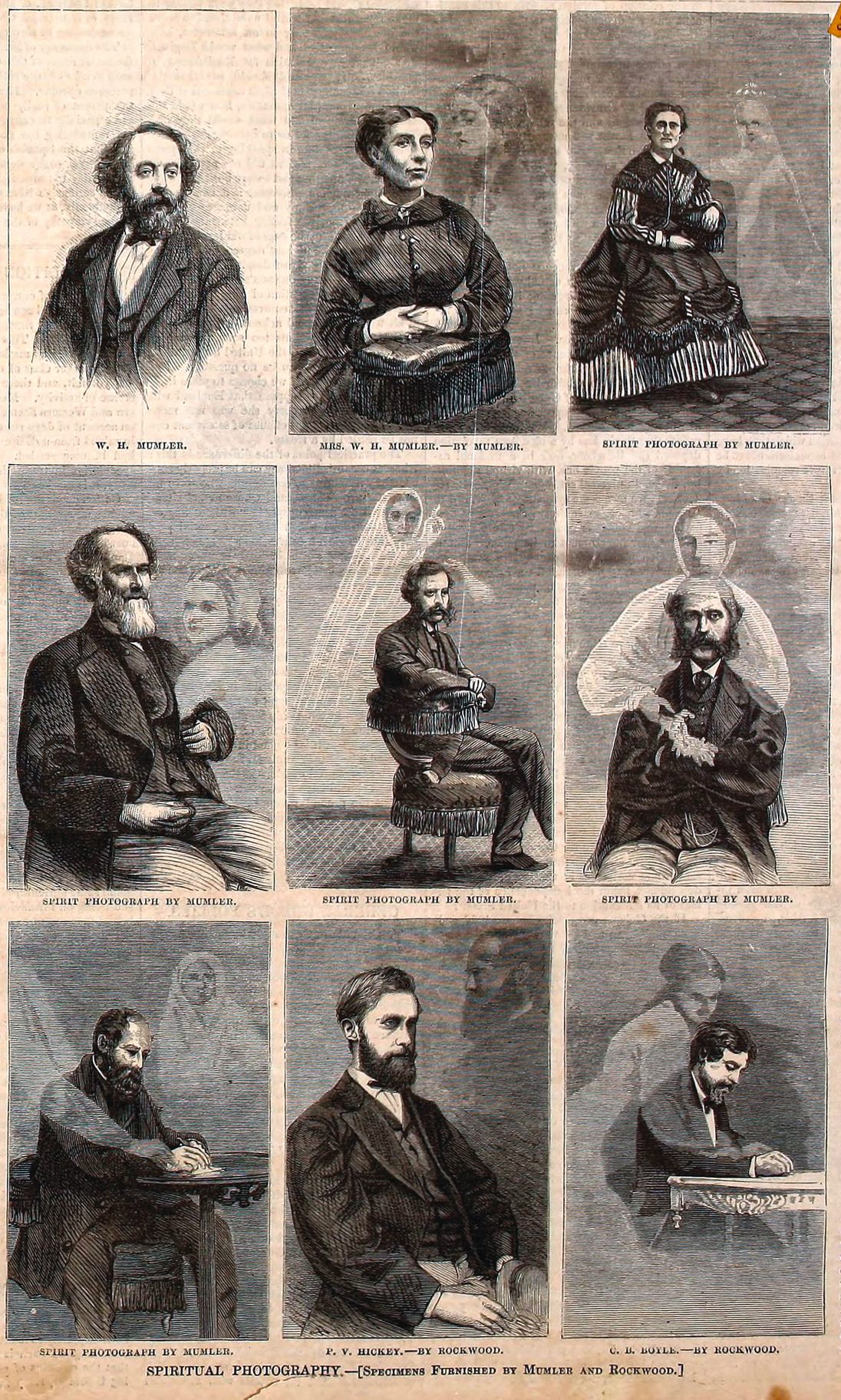 Portada de un periódico ilustrado con nueve grabados: retratos de Mumler, de su esposa y de varios clientes con figuras fantasmales detrás