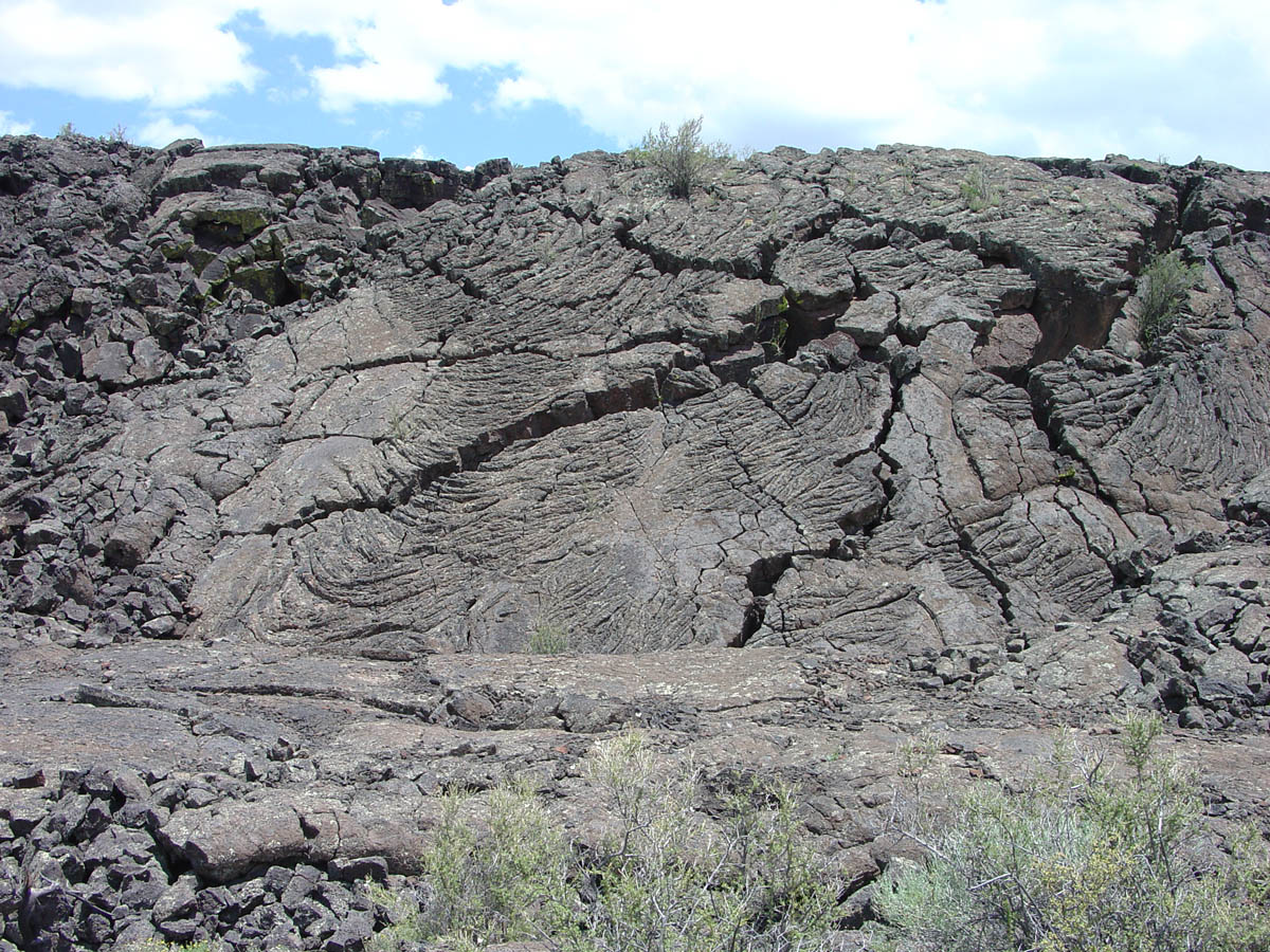 Superficie de lava negra con arrugas curvas y concéntricas, como cuerdas enrolladas, cortada por grietas y con matas verdes en primer plano