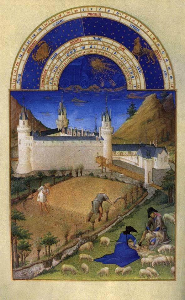 Miniatura de julio de Les très riches heures du duc de Berry, con campesinos segando ante un castillo