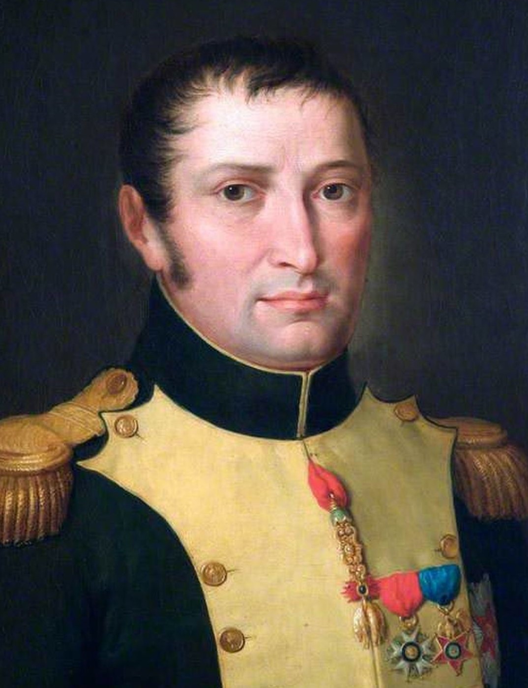 Retrato al óleo de un hombre de mediana edad, con patillas y el pelo corto, vestido con casaca militar azul y blanca con condecoraciones