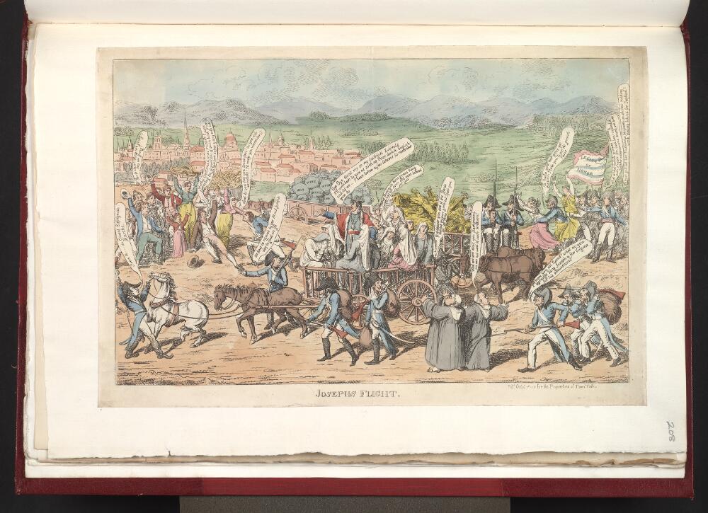 Caricatura inglesa coloreada en la que una larga comitiva de carruajes, soldados y figuras cargadas con fardos huye por un camino