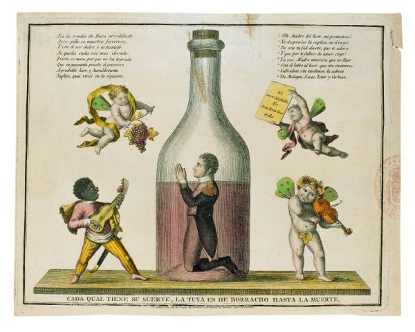 Grabado coloreado de un hombre arrodillado dentro de una gran botella de vino, rodeado de figuras que tocan instrumentos, con versos a ambos lados