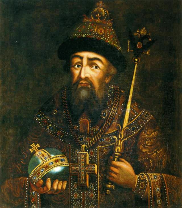 Retrato al óleo de un hombre de barba larga y mirada severa, con corona de piel y oro, un cetro en la mano derecha y un orbe en la izquierda