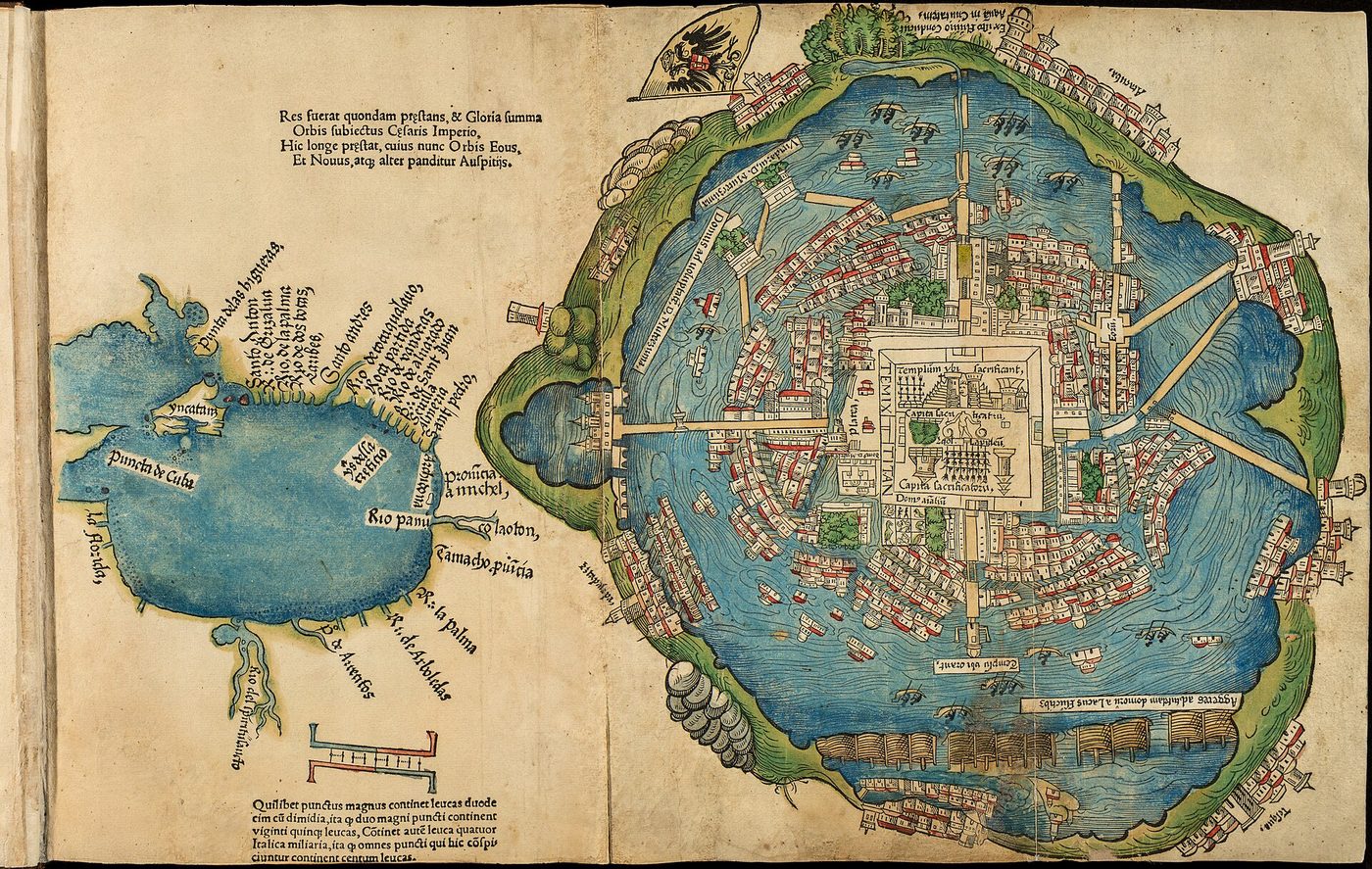 Plano xilográfico de Tenochtitlan de 1524, con la ciudad lacustre y sus calzadas