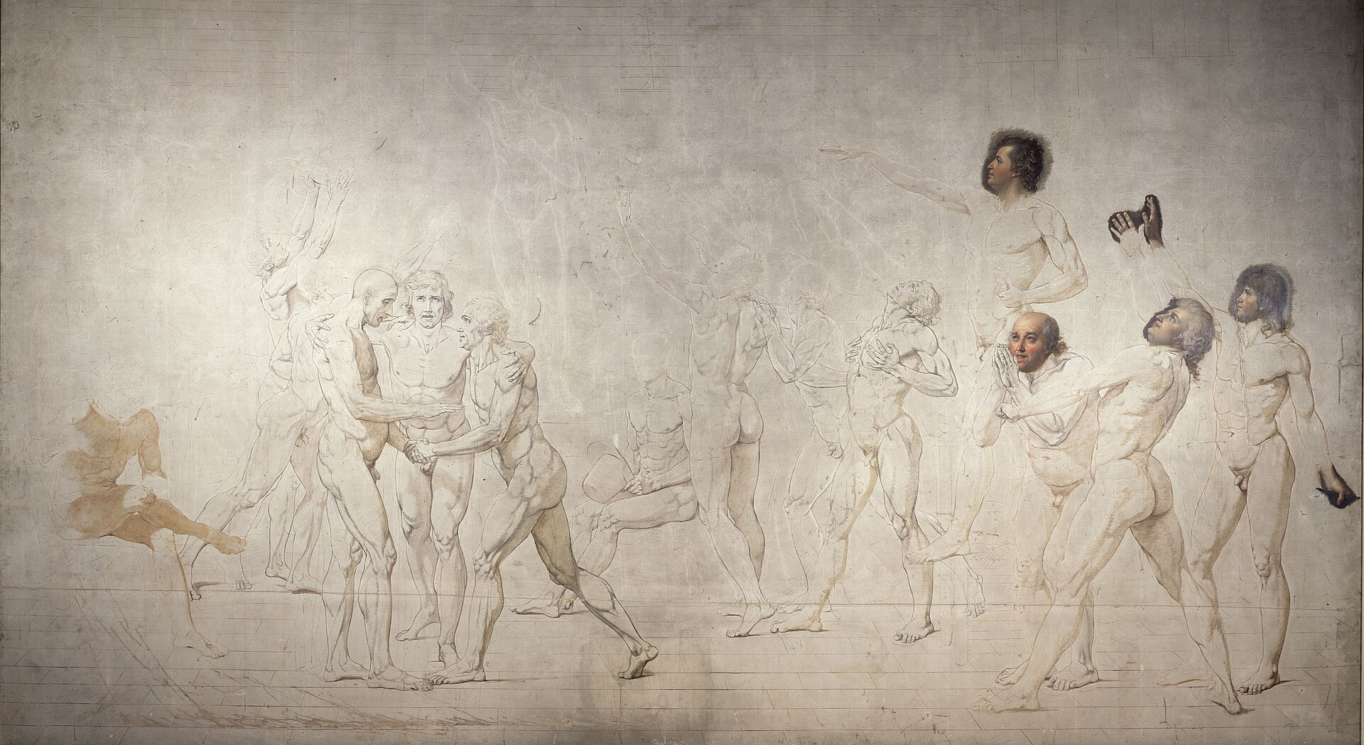 Dibujo de una gran sala llena de hombres con el brazo alzado jurando, con tres figuras abrazadas en el centro sobre una mesa