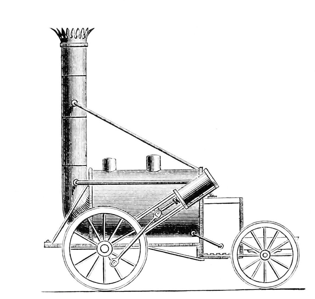 Grabado de una locomotora de vapor temprana con una gran caldera y ruedas altas, junto a un vagón abierto