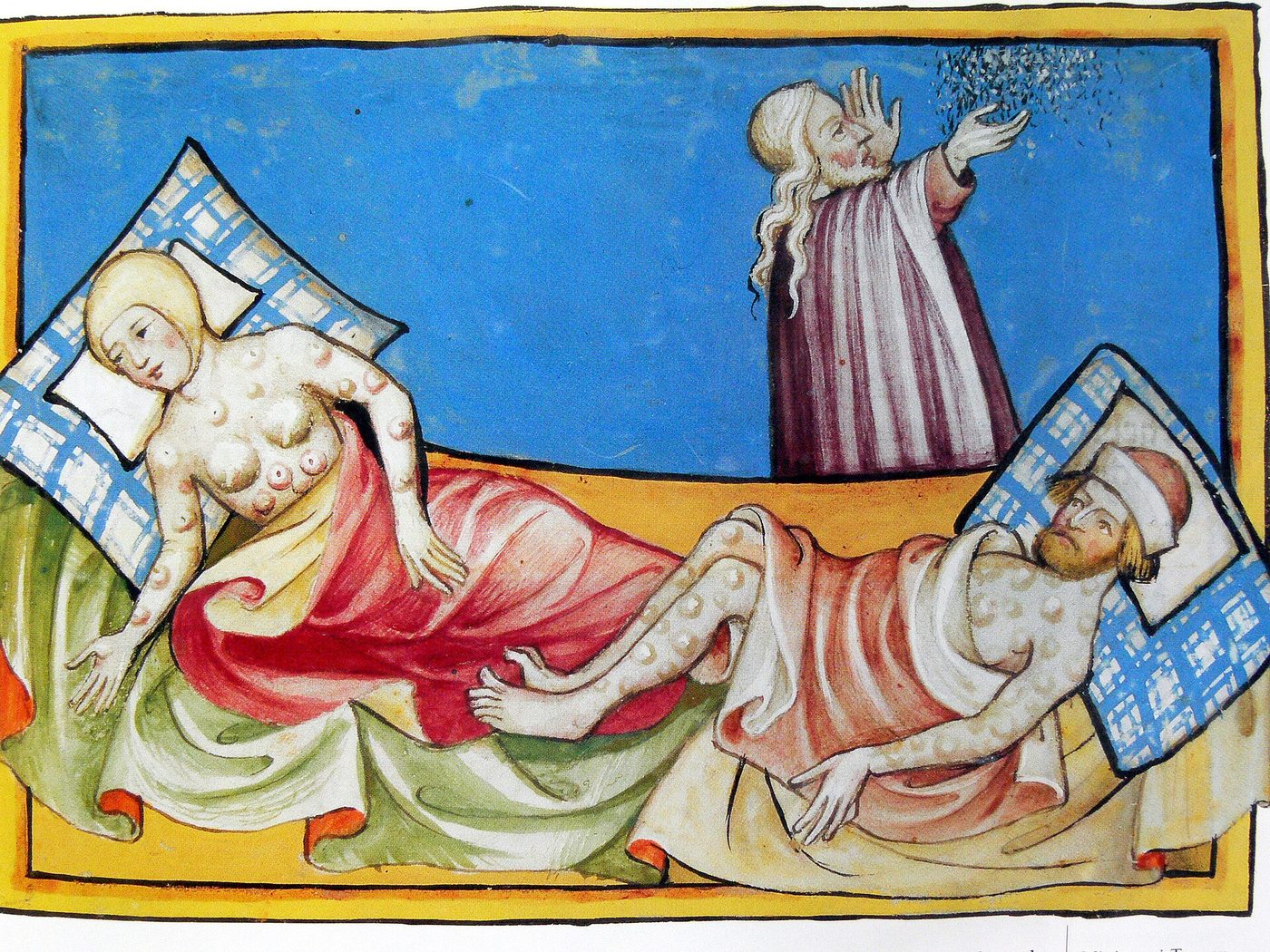 Miniatura de la Biblia de Toggenburg con un hombre y una mujer cubiertos de bubas