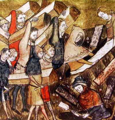 Miniatura medieval en la que varios hombres depositan cadáveres en ataúdes en una fosa de Tournai