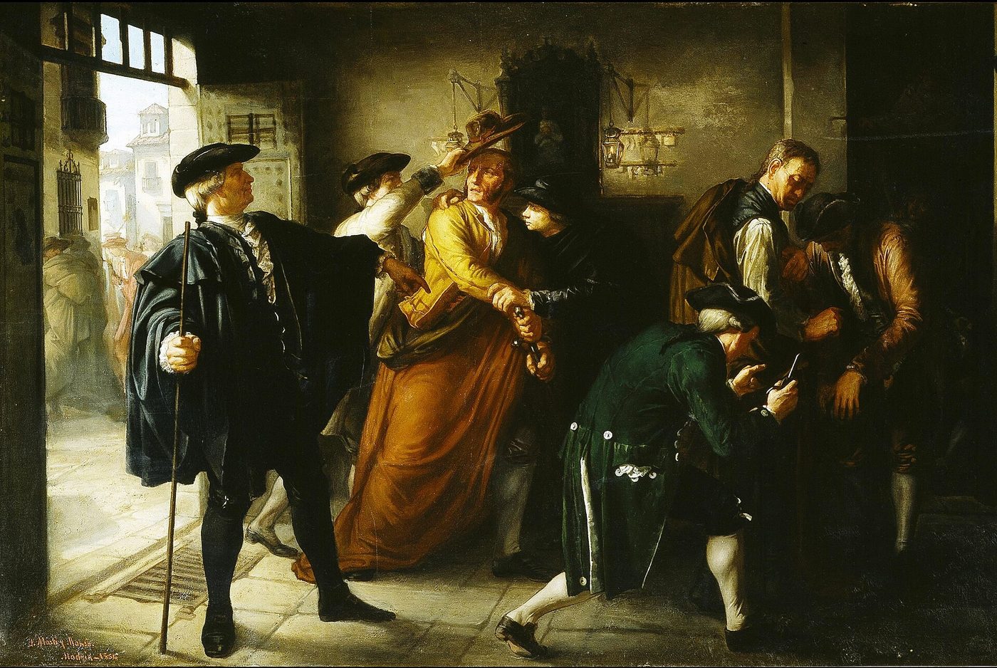 Pintura de una calle madrileña en la que varios hombres embozados en capas y con sombreros de ala ancha discuten y forcejean con otros, mientras al fondo asoman más personas