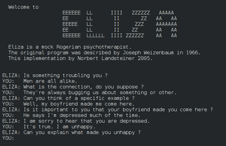 Captura de una conversación con el programa ELIZA en un terminal de texto