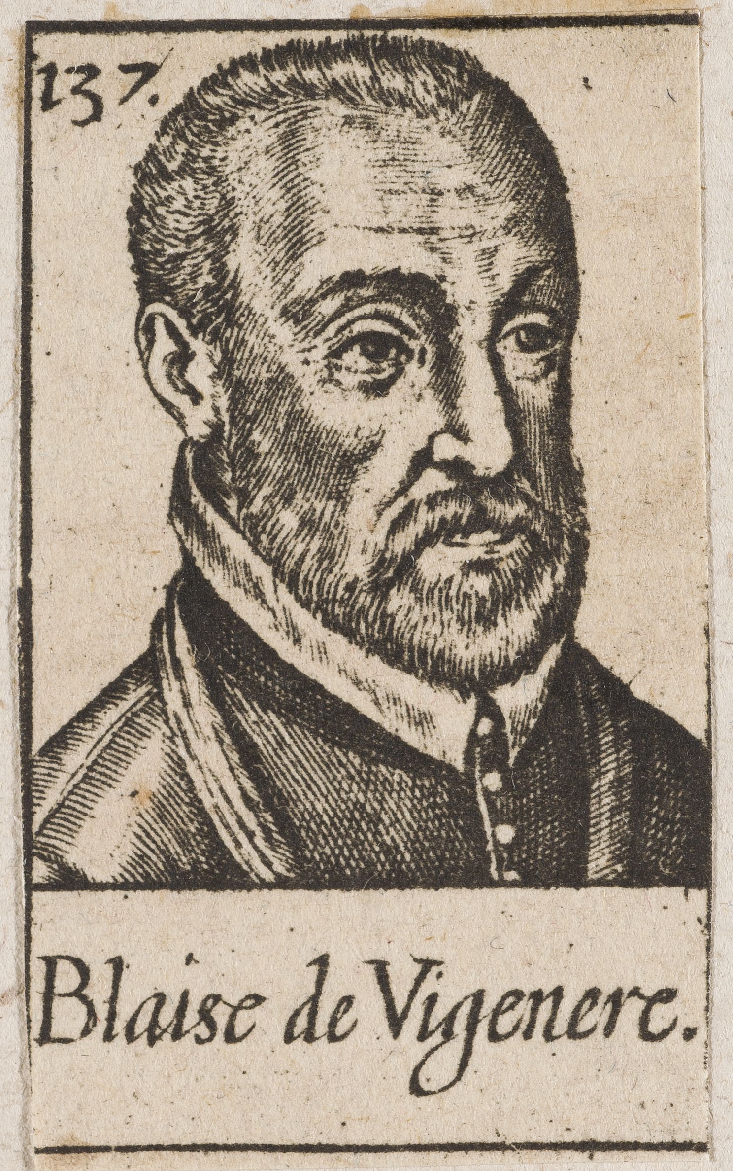 Blaise de Vigenère (1523-1596), grabado por Léonard Gaultier. Diplomático al servicio del duque de Nevers y del rey de Francia, describió en 1586 el cifrado que lleva su nombre, que en realidad había publicado Bellaso en 1553, y otro más fuerte que sí era suyo, que nadie recuerda.