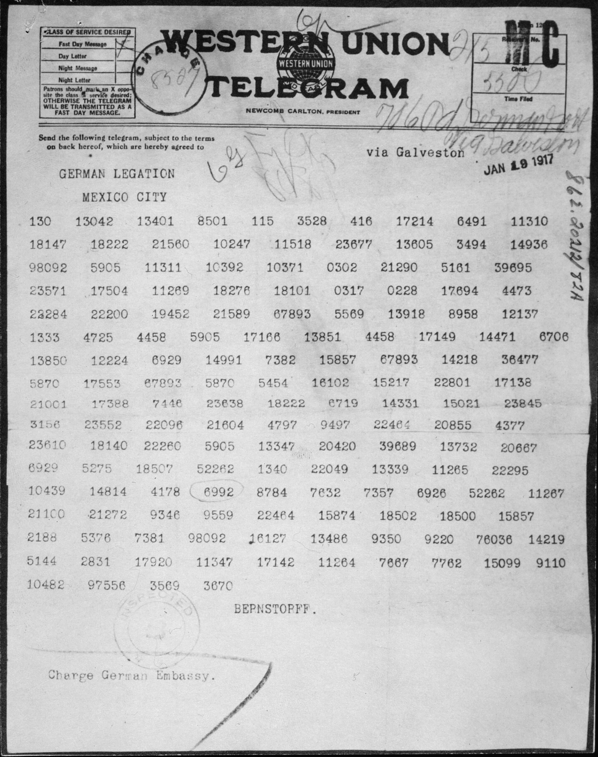 El telegrama Zimmermann tal como lo recibió el embajador alemán en México el 19 de enero de 1917, cifrado con el código 0075 del Ministerio de Exteriores alemán y reenviado por Western Union. Los criptoanalistas británicos de la Sala 40 lo leyeron porque tenían el libro de códigos; el problema de todo cifrado hasta 1976 era que la clave había que llevarla físicamente, y todo lo que se lleva se puede robar.
