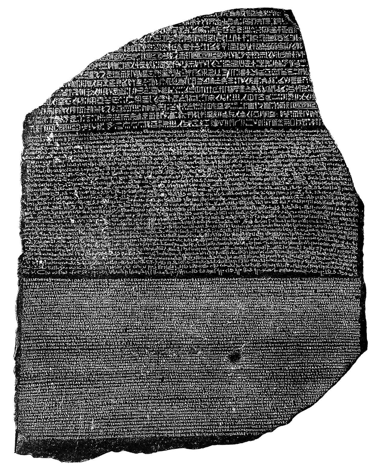La piedra de Rosetta, con el mismo decreto grabado en jeroglíficos, escritura demótica y griego