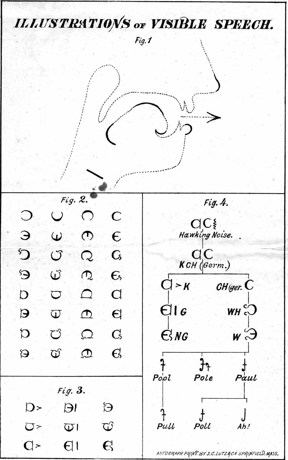 Lámina de Visible Speech de Alexander Melville Bell con un corte del aparato fonador y tablas de símbolos articulatorios