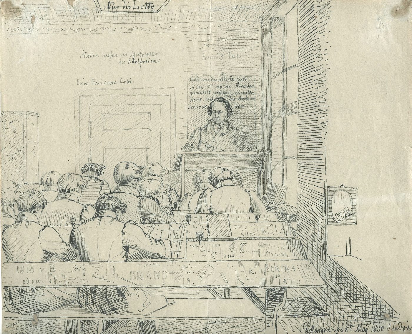 Dibujo a lápiz de un aula con estudiantes sentados en bancos corridos, vistos de espaldas, que escuchan a un profesor de pie tras un atril al fondo