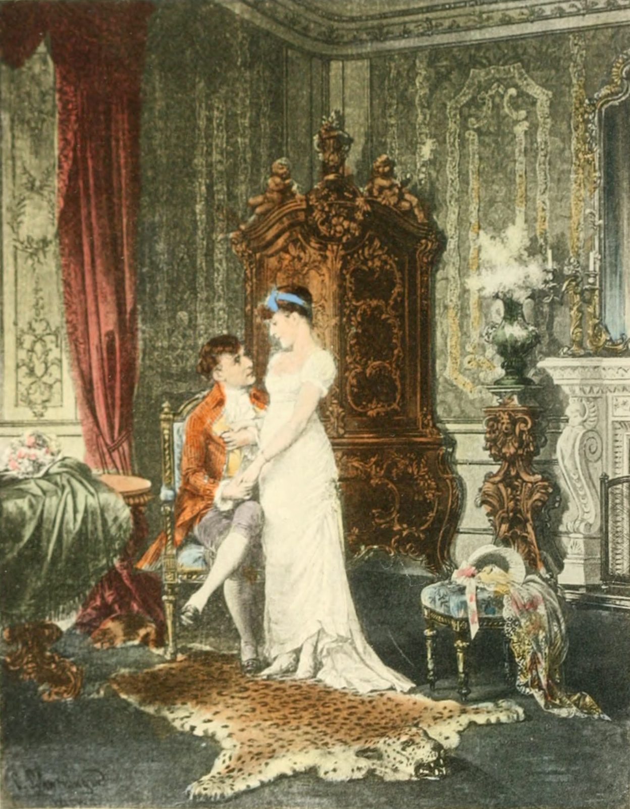Grabado de una escena de Los años de aprendizaje de Wilhelm Meister, con Wilhelm sosteniendo la mano de una joven
