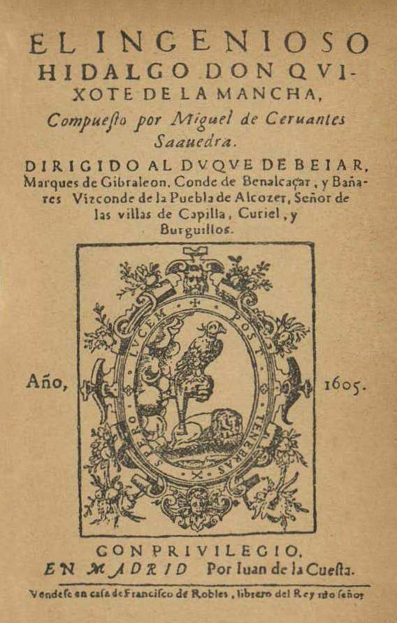 Portada impresa antigua con el título El ingenioso hidalgo don Quixote de la Mancha, el nombre de Miguel de Cervantes y un grabado de un halcón