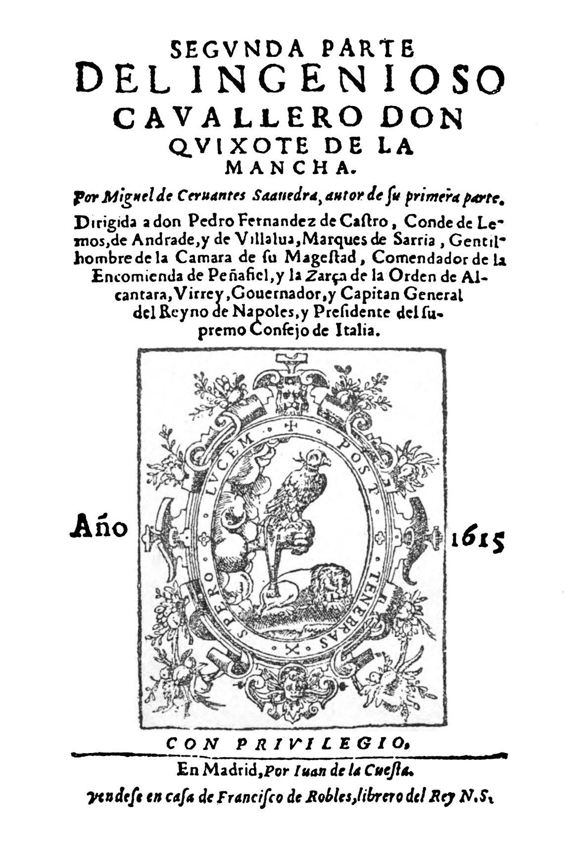 Portada impresa antigua con el título Segunda parte del ingenioso cavallero don Quixote de la Mancha, año 1615