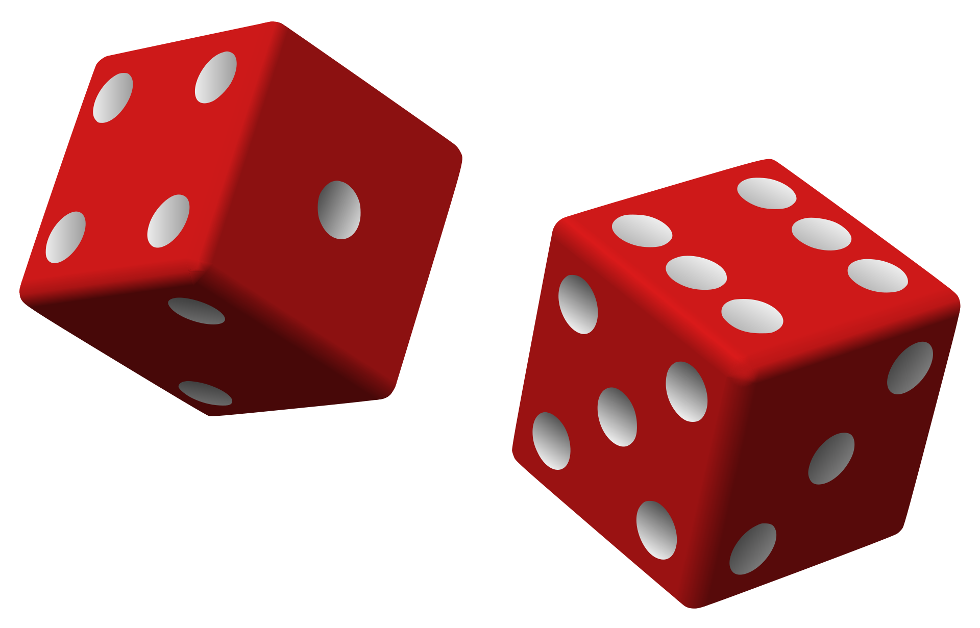 Dos dados rojos con puntos blancos, uno mostrando el cinco y otro el tres