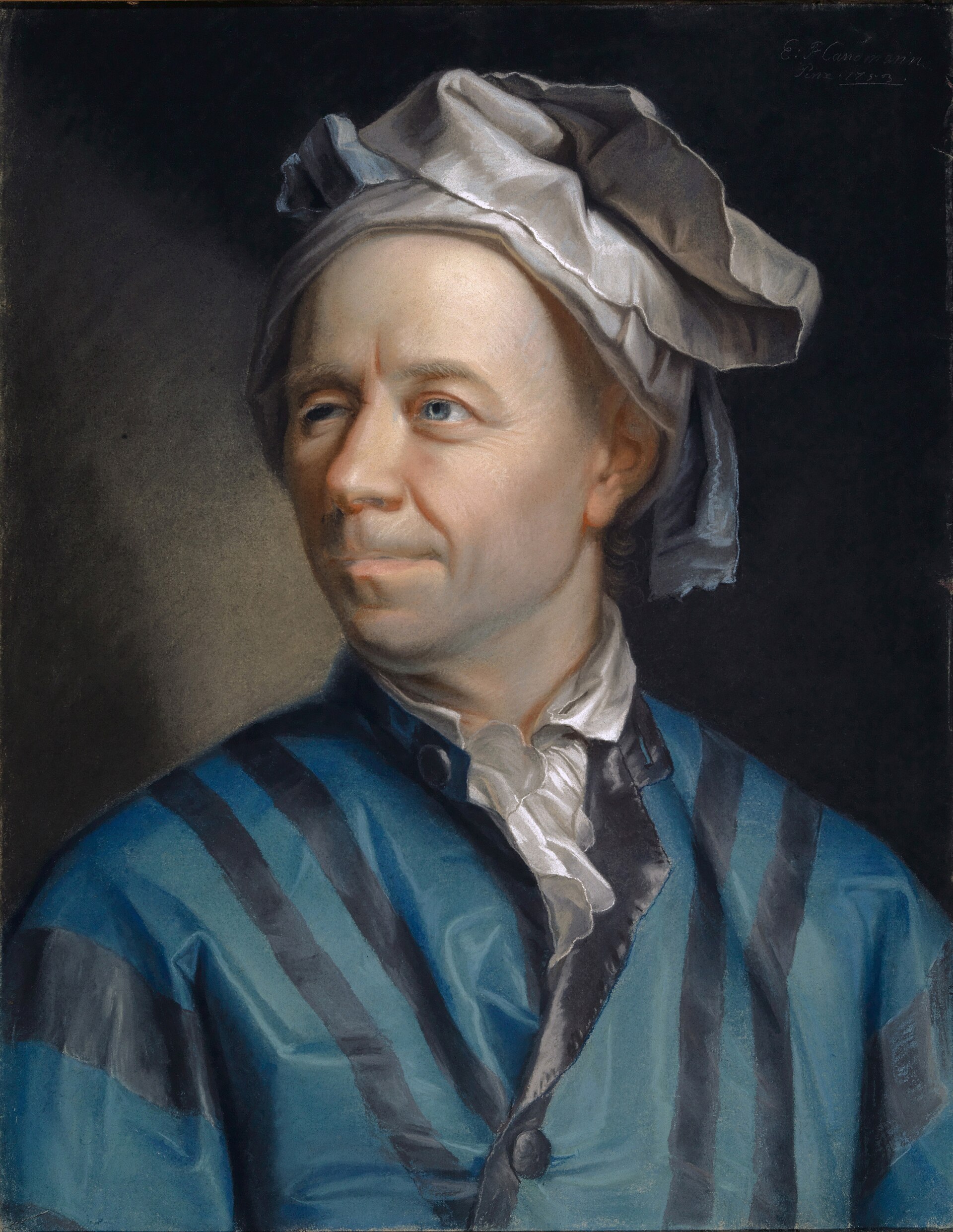 Leonhard Euler en 1753, retratado por Jakob Emanuel Handmann. Al resolver el problema de Königsberg tenía veintiocho años y lo despachó como una curiosidad ajena a las matemáticas serias; el artículo resultó ser el primero de la teoría de grafos.