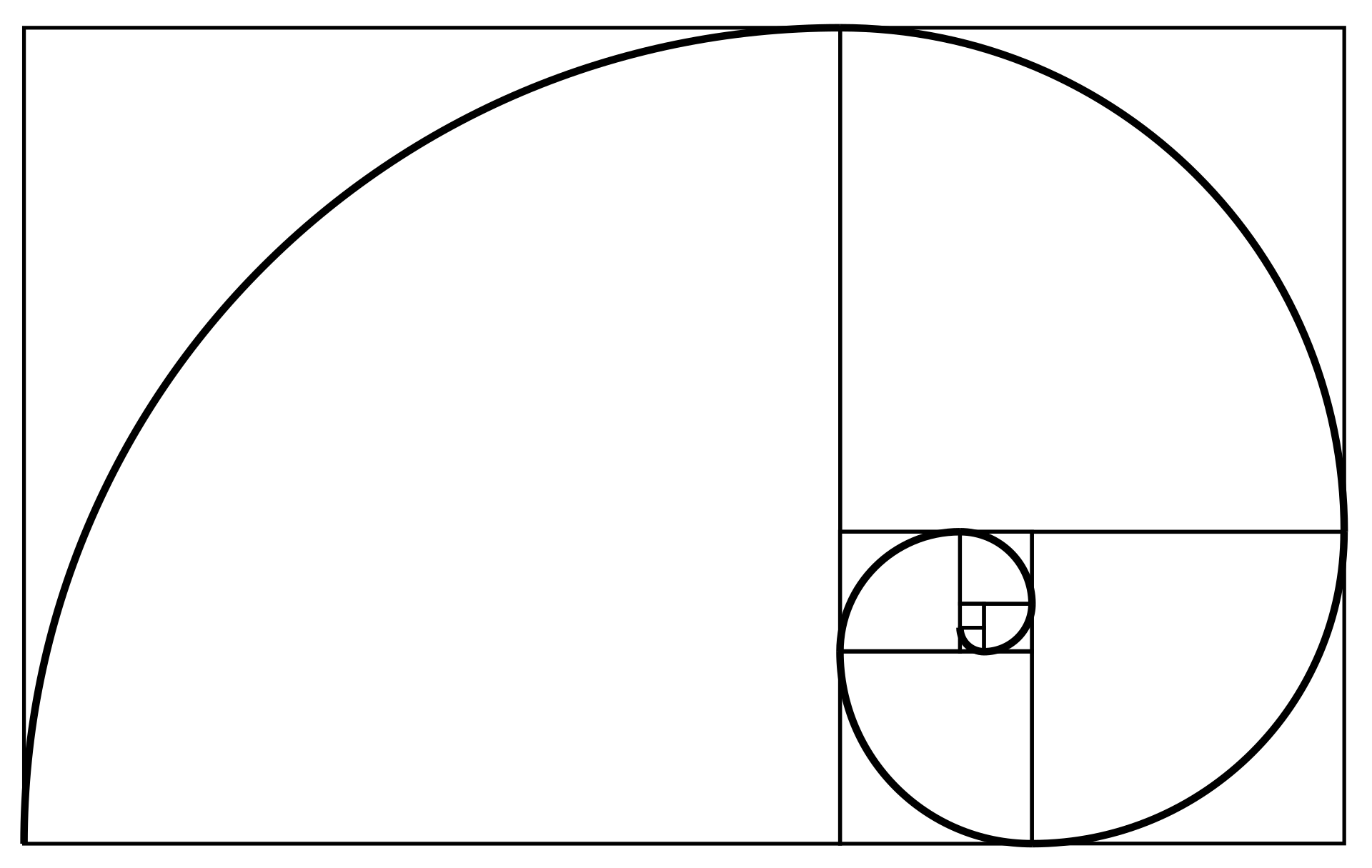 Diagrama de cuadrados de lados 1, 1, 2, 3, 5, 8, 13, 21 y 34 con un arco inscrito en cada uno