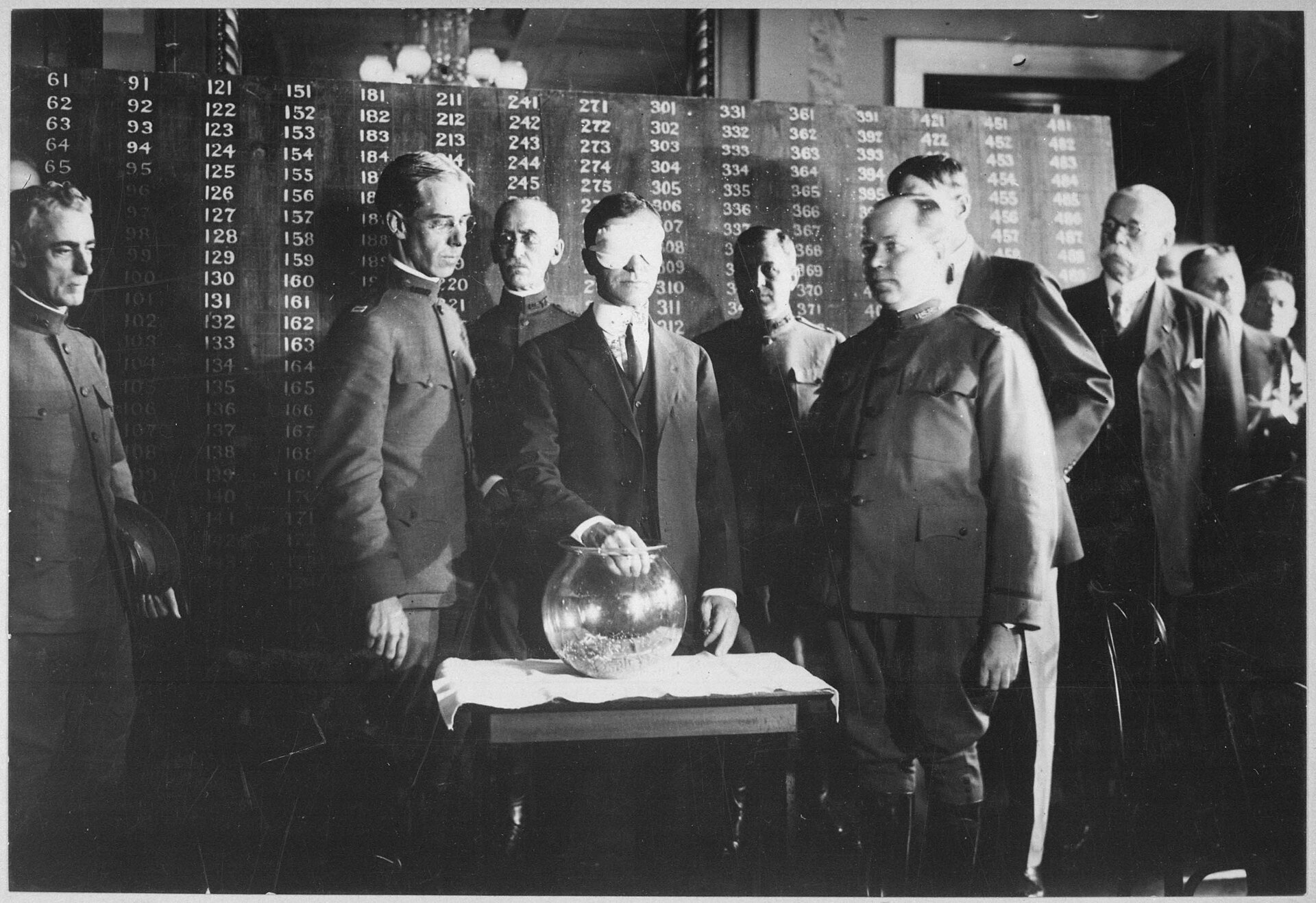 Fotografía antigua de un grupo de hombres trajeados y uniformados alrededor de una mesa con un gran recipiente de vidrio, uno de ellos con los ojos vendados