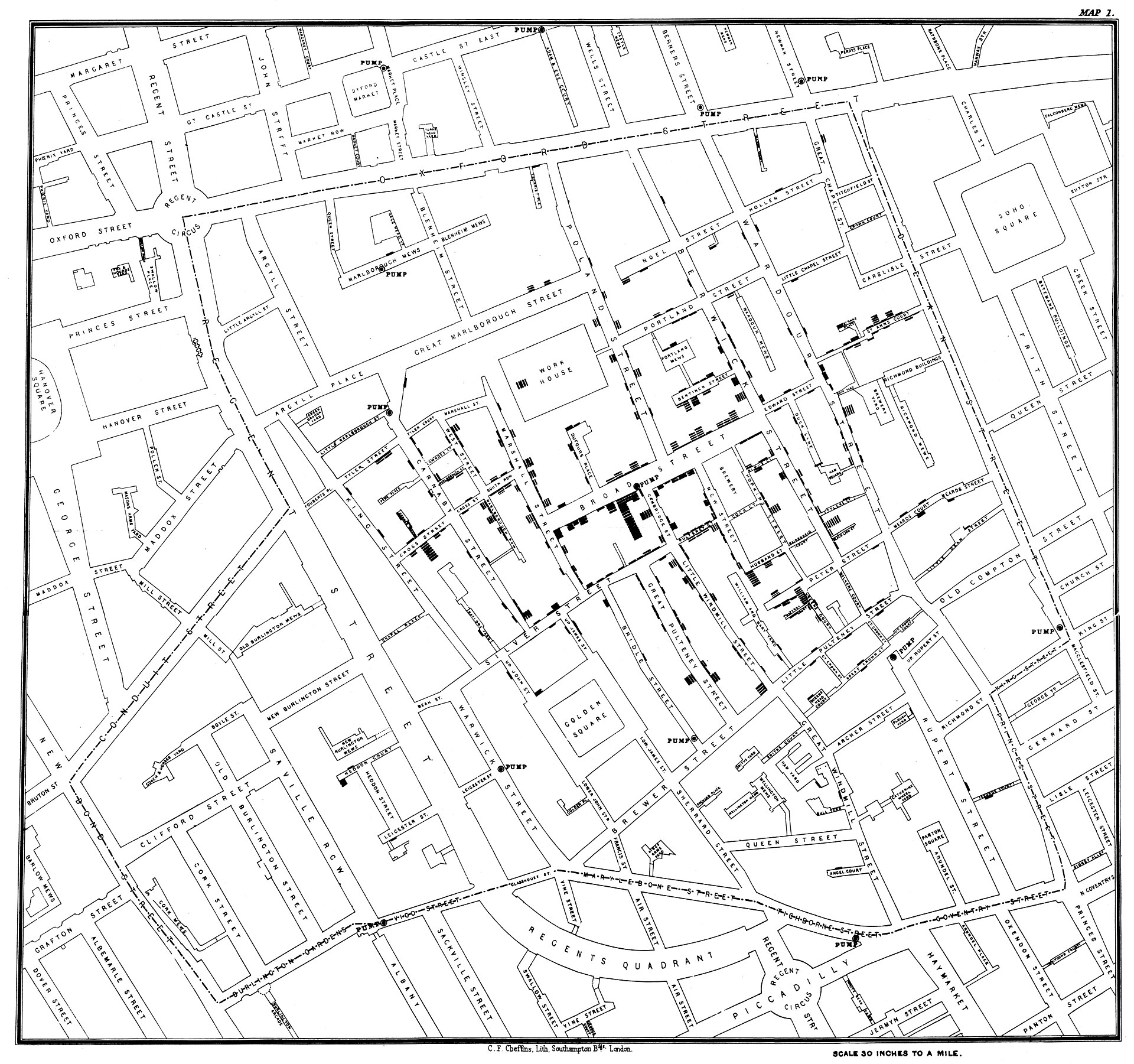 El mapa de John Snow del brote de cólera de Broad Street, Londres, 1854. Cada barra negra es una muerte en esa casa; se apilan alrededor de la bomba de agua de la esquina de Broad Street con Cambridge Street. Snow no conocía la bacteria: dedujo la red de contagio —el agua de una bomba— de la geografía de las muertes.