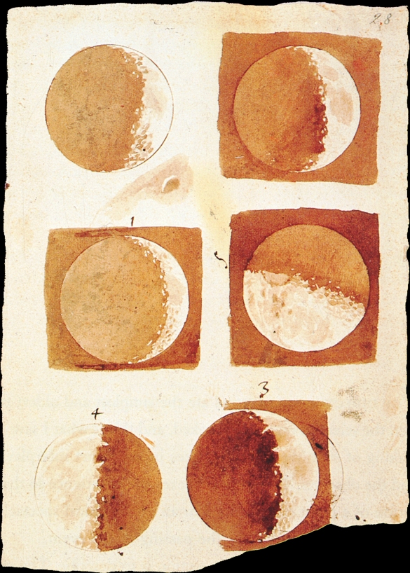 Seis dibujos en tinta sepia de la Luna en distintas fases, con manchas y un borde de sombra irregular
