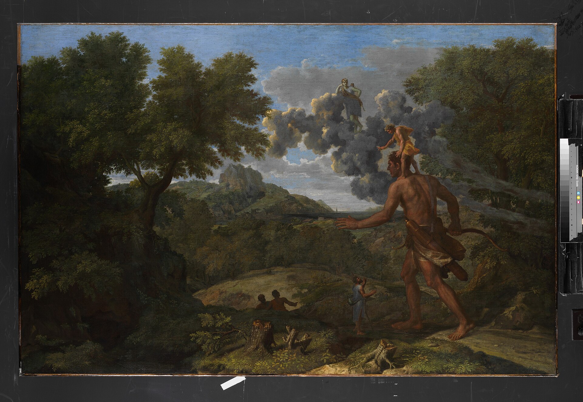 Pintura de un paisaje boscoso en el que un gigante camina hacia el horizonte con un hombre pequeño sentado sobre sus hombros que le señala el camino