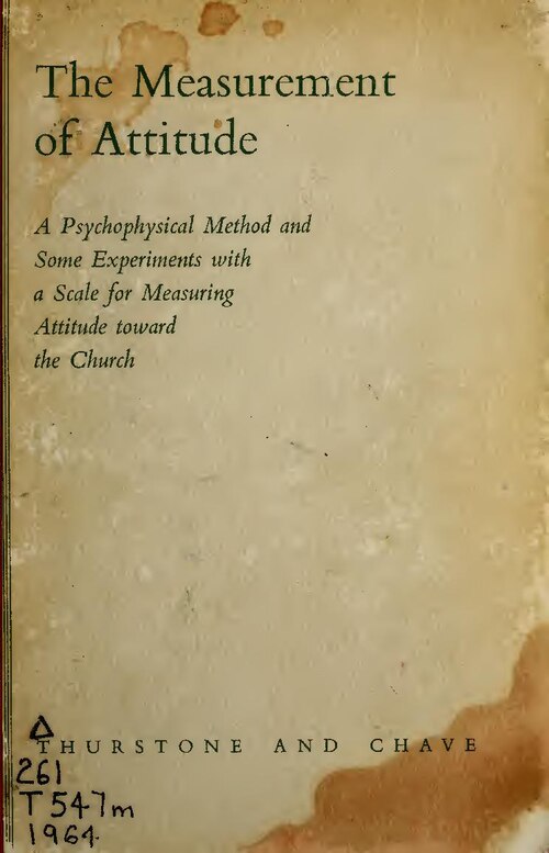 Portada de un libro antiguo manchado con el título The Measurement of Attitude y los nombres Thurstone y Chave