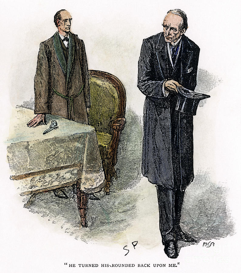 Ilustración de Sidney Paget: Sherlock Holmes con lupa examinando un objeto, en la revista Strand