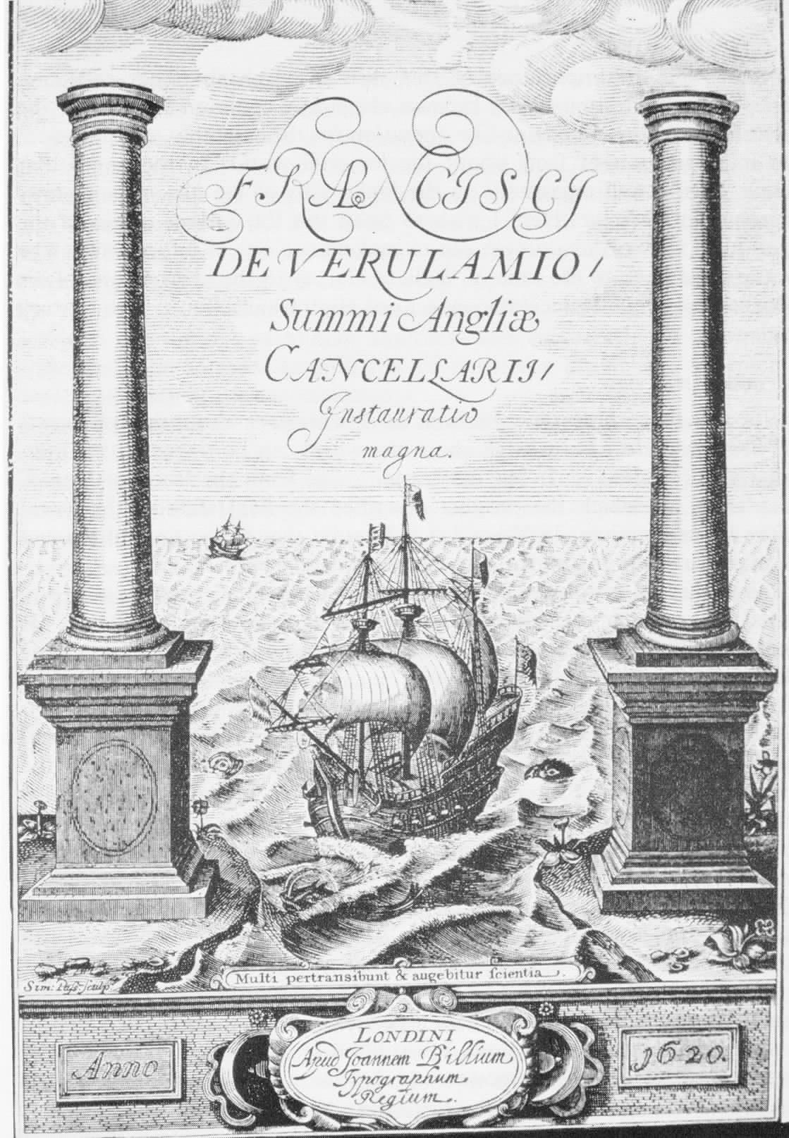 Portada grabada del Novum Organum de Francis Bacon: un navío cruzando las columnas de Hércules sobre un mar abierto