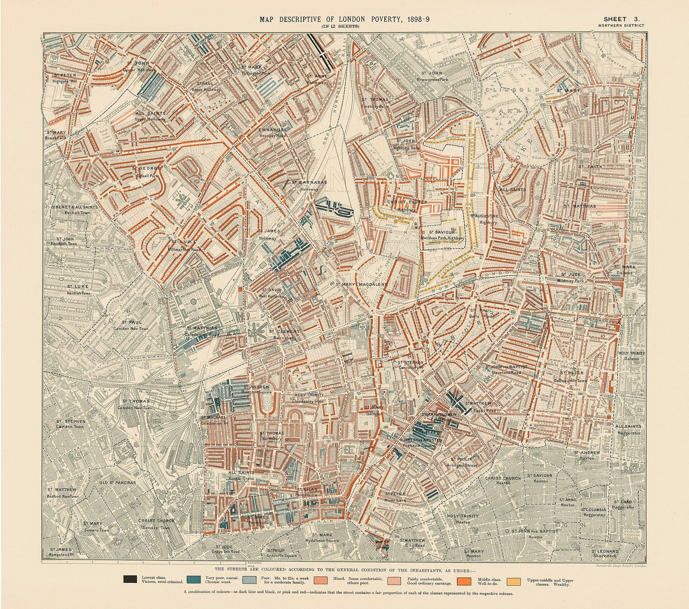 Mapa antiguo de un barrio de Londres con las calles coloreadas en tonos rojos, rosas, azules y negros, y una leyenda de colores en la parte inferior