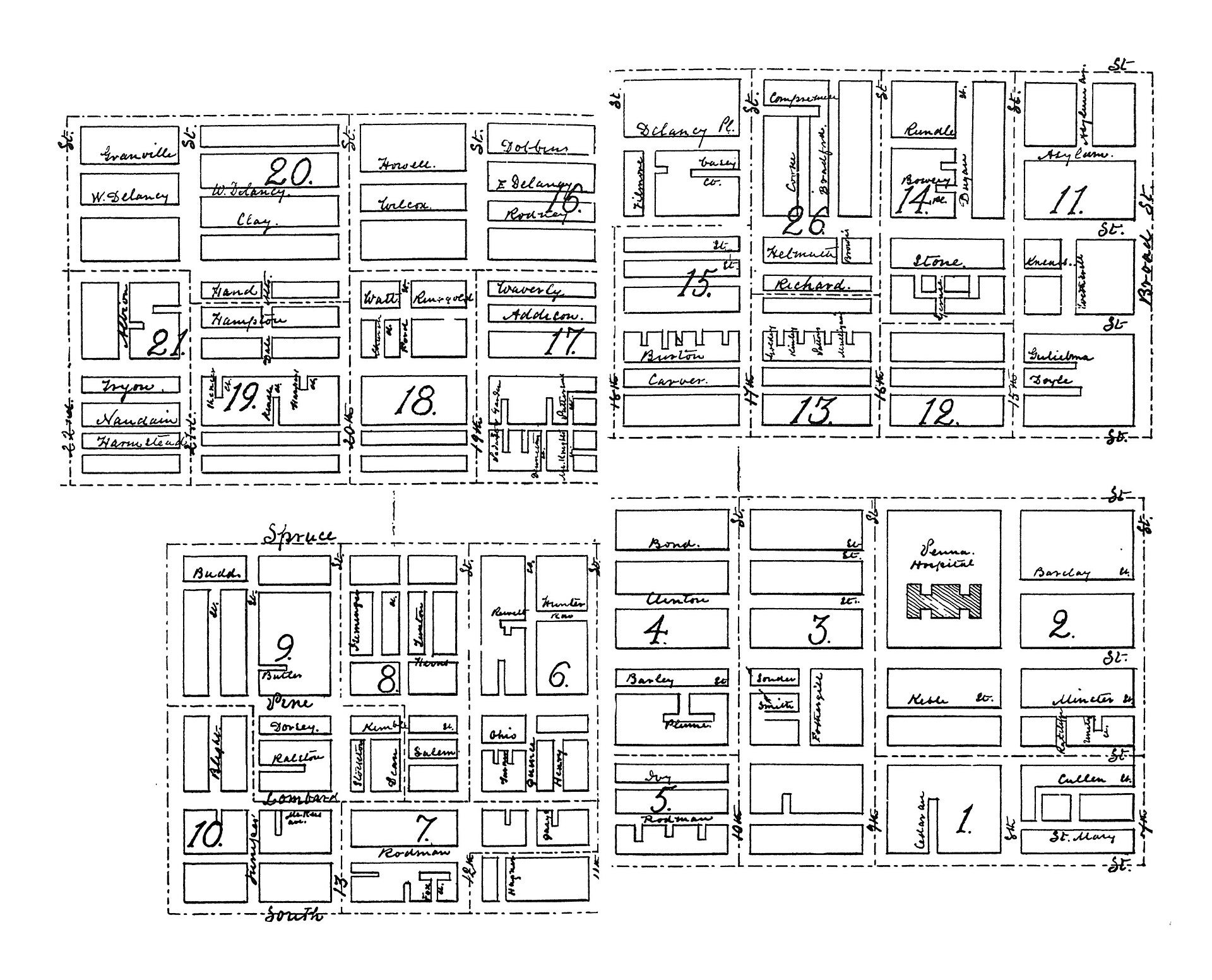 Plano en blanco y negro de varias manzanas de una ciudad, con los nombres de las calles y números en cada manzana