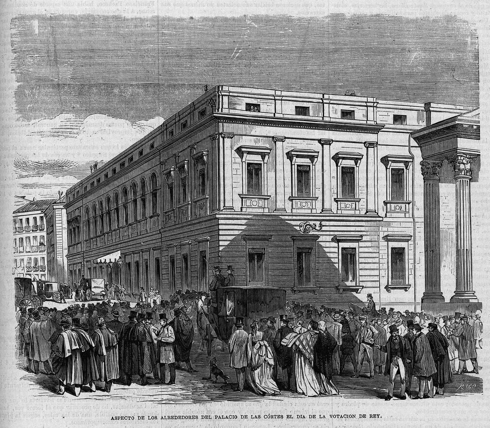 Cuadro de Pradilla con la multitud frente al Palacio de las Cortes el día de la votación del rey en 1870