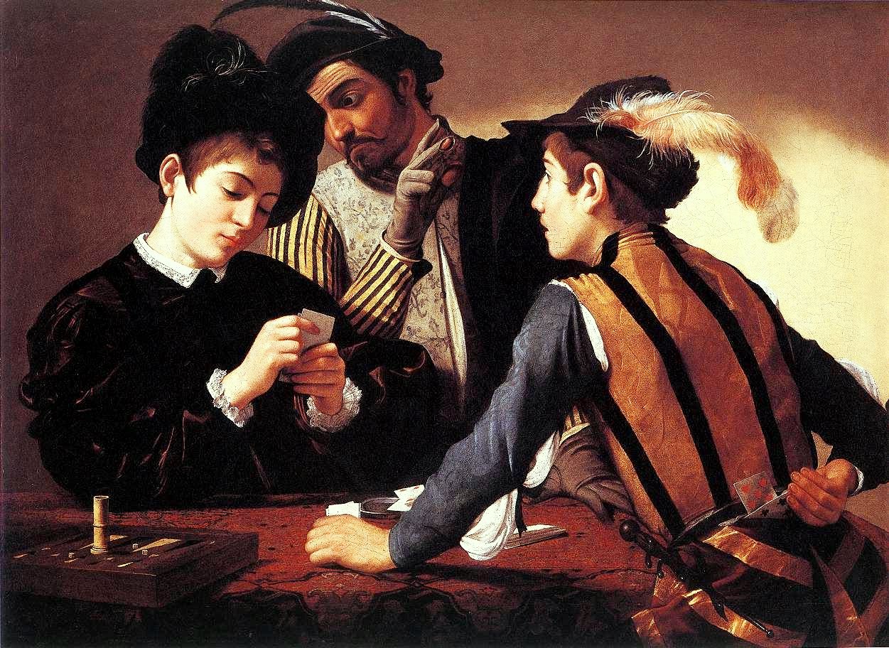 Pintura barroca de tres jugadores de cartas, uno de ellos haciendo trampas