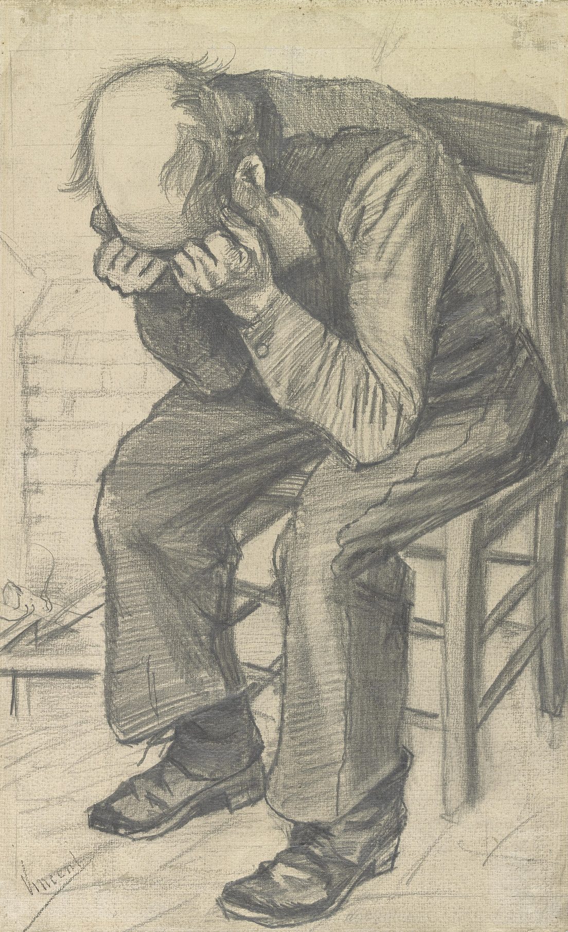 Dibujo de Van Gogh de un hombre viejo sentado con la cabeza entre las manos