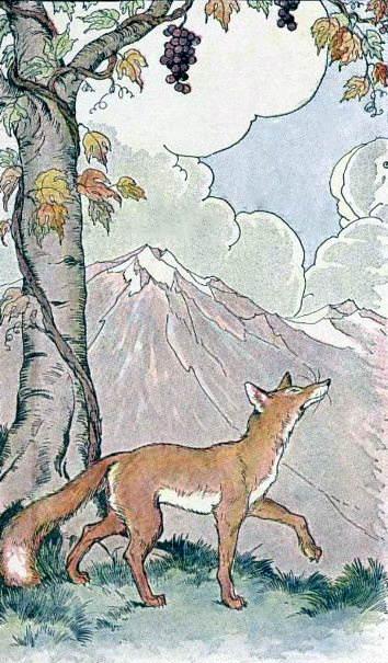 Ilustración en color de una zorra que mira hacia arriba a unos racimos de uvas que cuelgan de una parra, junto a un árbol y con montañas al fondo