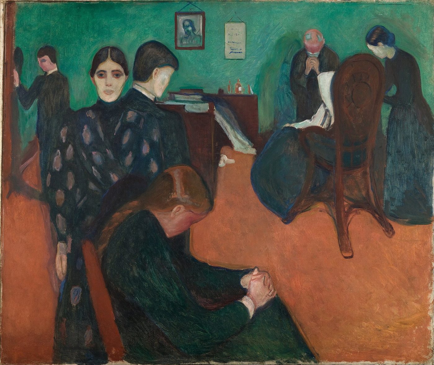 Cuadro de Edvard Munch con una familia en silencio alrededor de una enferma en una habitación