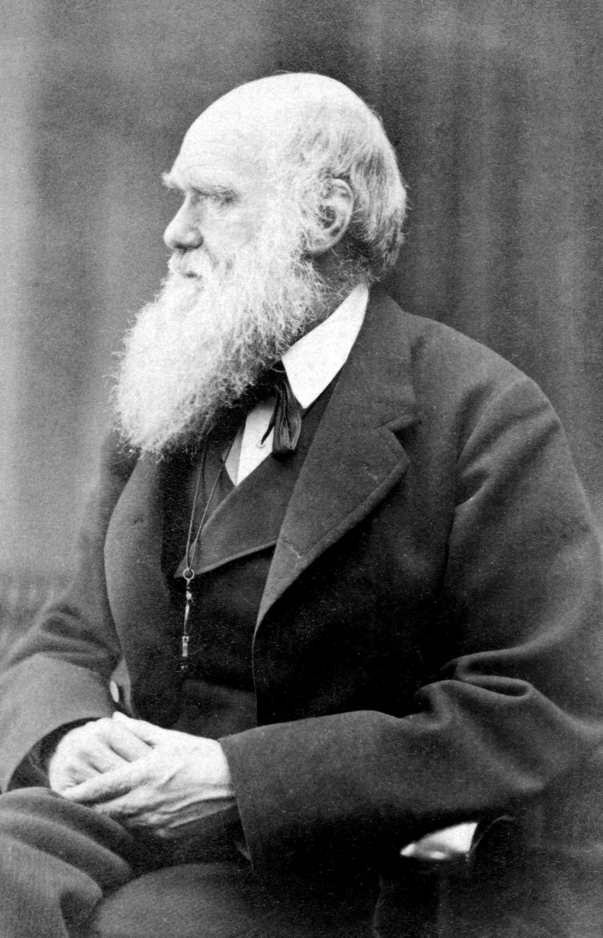 Fotografía en blanco y negro de un hombre anciano de barba blanca larga, sentado con las manos cruzadas y vestido con levita oscura