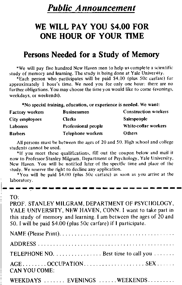 Anuncio de periódico que ofrece cuatro dólares por una hora de tiempo para participar en un estudio sobre la memoria en la Universidad de Yale