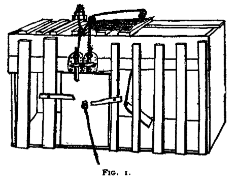 Dibujo a línea de una jaula de listones verticales con un mecanismo de poleas y una cuerda en la parte superior que abre la puerta, con el rótulo Fig. 1