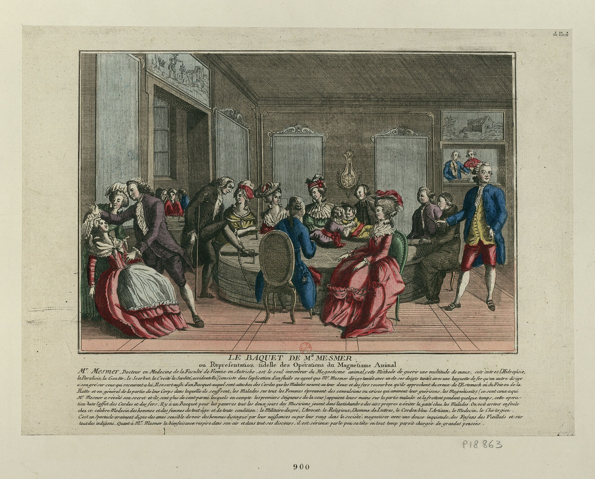 Grabado coloreado de un salón del siglo XVIII con un grupo de damas y caballeros sentados alrededor de una gran cuba de madera, algunos desmayados o en actitud agitada