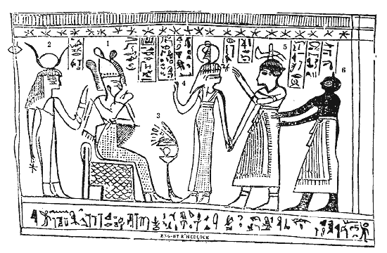 Grabado de línea de una escena egipcia con una figura entronizada con corona, varias figuras de pie delante de ella y una columna de jeroglíficos debajo